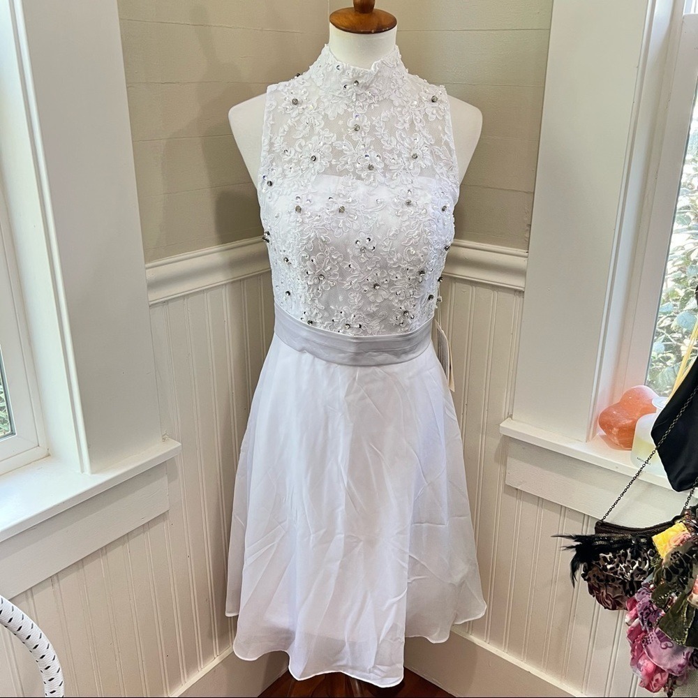 NWT TS Couture White Jeweled Chiffon Cocktail Dress Size 8